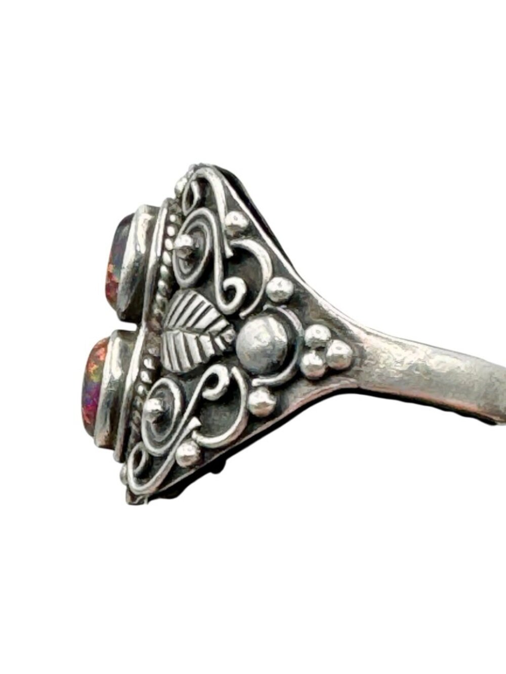 Vintage Sterling Silver Double Opal Ring Southwestern Ornate Setting Sz 8.25 - Picture 8 of 16